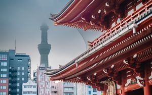 Preview wallpaper sensoji, tokyo tower, temple, tower, japan