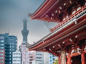 Preview wallpaper sensoji, tokyo tower, temple, tower, japan