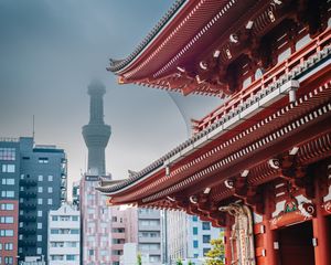 Preview wallpaper sensoji, tokyo tower, temple, tower, japan