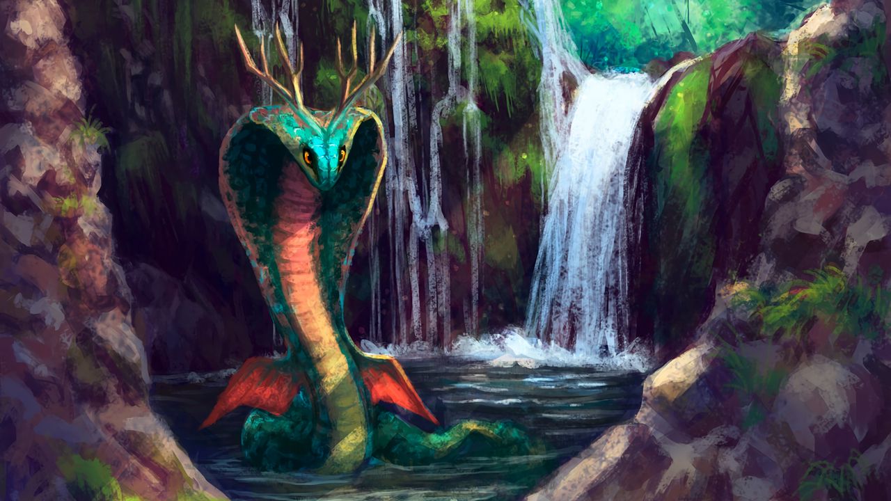 Wallpaper serpent, waterfall, art, creature, fantasy