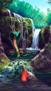 Preview wallpaper serpent, waterfall, art, creature, fantasy