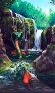 Preview wallpaper serpent, waterfall, art, creature, fantasy