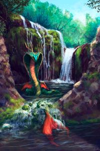 Preview wallpaper serpent, waterfall, art, creature, fantasy