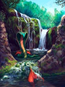 Preview wallpaper serpent, waterfall, art, creature, fantasy