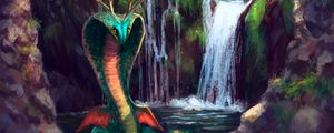 Preview wallpaper serpent, waterfall, art, creature, fantasy