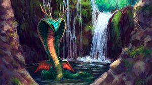 Preview wallpaper serpent, waterfall, art, creature, fantasy