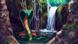 Preview wallpaper serpent, waterfall, art, creature, fantasy