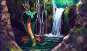 Preview wallpaper serpent, waterfall, art, creature, fantasy