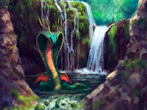 Preview wallpaper serpent, waterfall, art, creature, fantasy