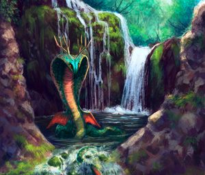 Preview wallpaper serpent, waterfall, art, creature, fantasy