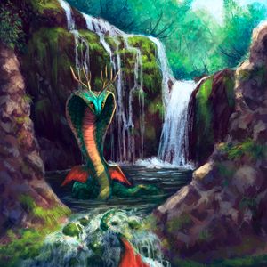 Preview wallpaper serpent, waterfall, art, creature, fantasy