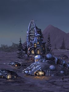 Preview wallpaper settlement, houses, mountains, fantasy, art