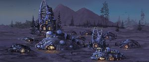 Preview wallpaper settlement, houses, mountains, fantasy, art