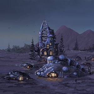 Preview wallpaper settlement, houses, mountains, fantasy, art