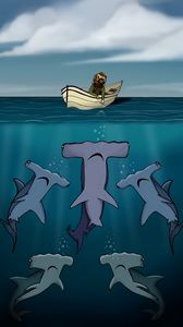 Preview wallpaper shark, boat, man, sea, depth, art