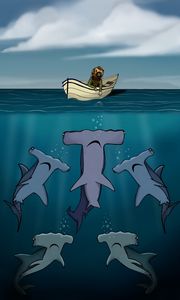 Preview wallpaper shark, boat, man, sea, depth, art