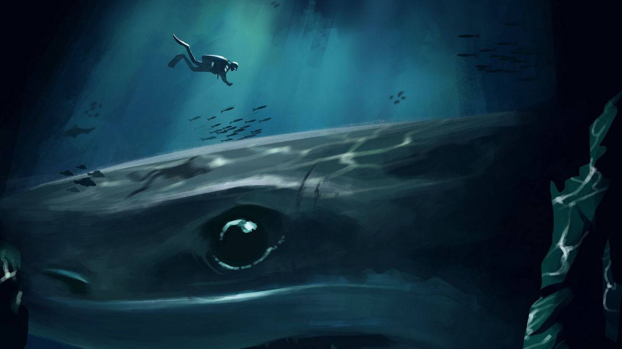 Wallpaper shark, diver, underwater, cave, depth