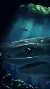 Preview wallpaper shark, diver, underwater, cave, depth