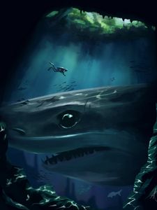 Preview wallpaper shark, diver, underwater, cave, depth