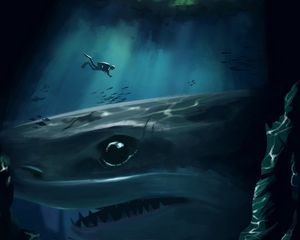 Preview wallpaper shark, diver, underwater, cave, depth