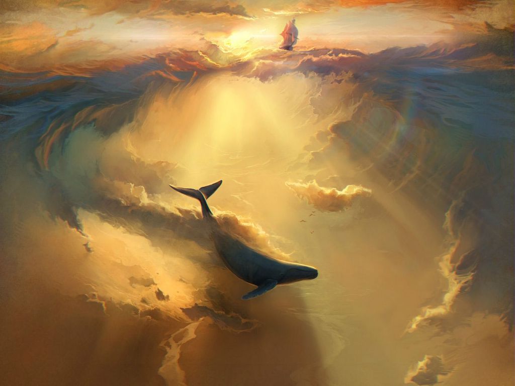 1024x768 Wallpaper shark, dolphin, sea, art, underwater world