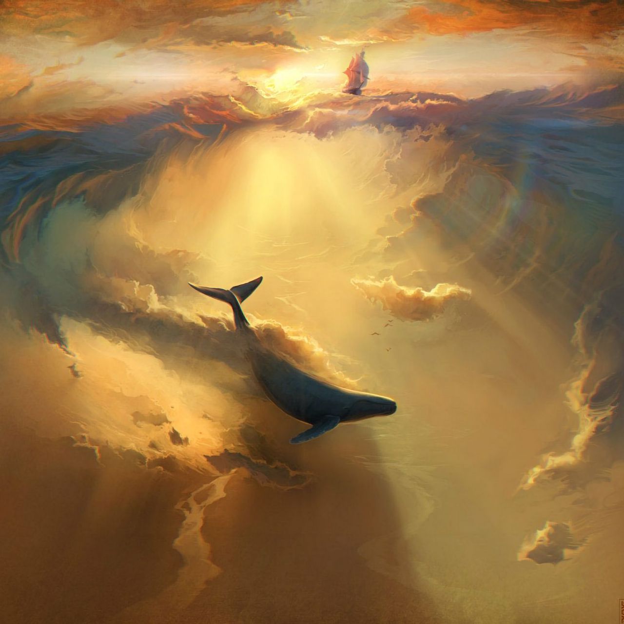 1280x1280 Wallpaper shark, dolphin, sea, art, underwater world