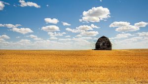 Preview wallpaper shed, field, hay, culture, clouds, agriculture