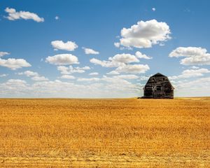 Preview wallpaper shed, field, hay, culture, clouds, agriculture