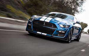 Preview wallpaper shelby gt500, shelby, car, sports car, blue, road, speed