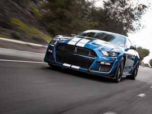 Preview wallpaper shelby gt500, shelby, car, sports car, blue, road, speed