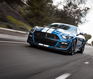 Preview wallpaper shelby gt500, shelby, car, sports car, blue, road, speed