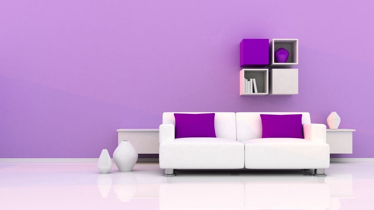 Wallpaper shelves, sofa, cushions, vases