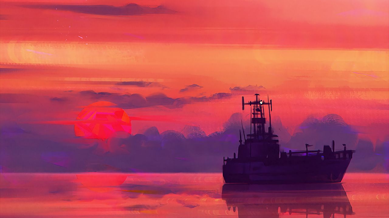 Wallpaper ship, art, sea, sunset, horizon, sky, clouds