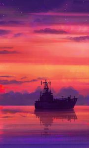 Preview wallpaper ship, art, sea, sunset, horizon, sky, clouds