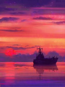 Preview wallpaper ship, art, sea, sunset, horizon, sky, clouds