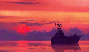 Preview wallpaper ship, art, sea, sunset, horizon, sky, clouds