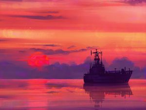 Preview wallpaper ship, art, sea, sunset, horizon, sky, clouds
