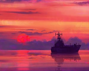 Preview wallpaper ship, art, sea, sunset, horizon, sky, clouds