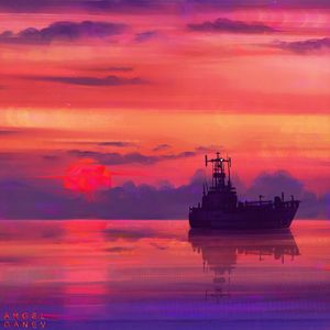 Preview wallpaper ship, art, sea, sunset, horizon, sky, clouds