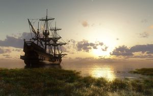 Preview wallpaper ship, bank, grass, sky, stars