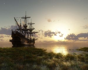 Preview wallpaper ship, bank, grass, sky, stars