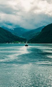 Preview wallpaper ship, boat, mountains, fog, clouds