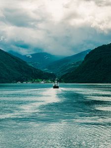 Preview wallpaper ship, boat, mountains, fog, clouds