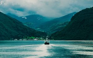 Preview wallpaper ship, boat, mountains, fog, clouds