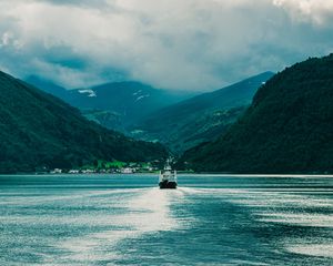 Preview wallpaper ship, boat, mountains, fog, clouds