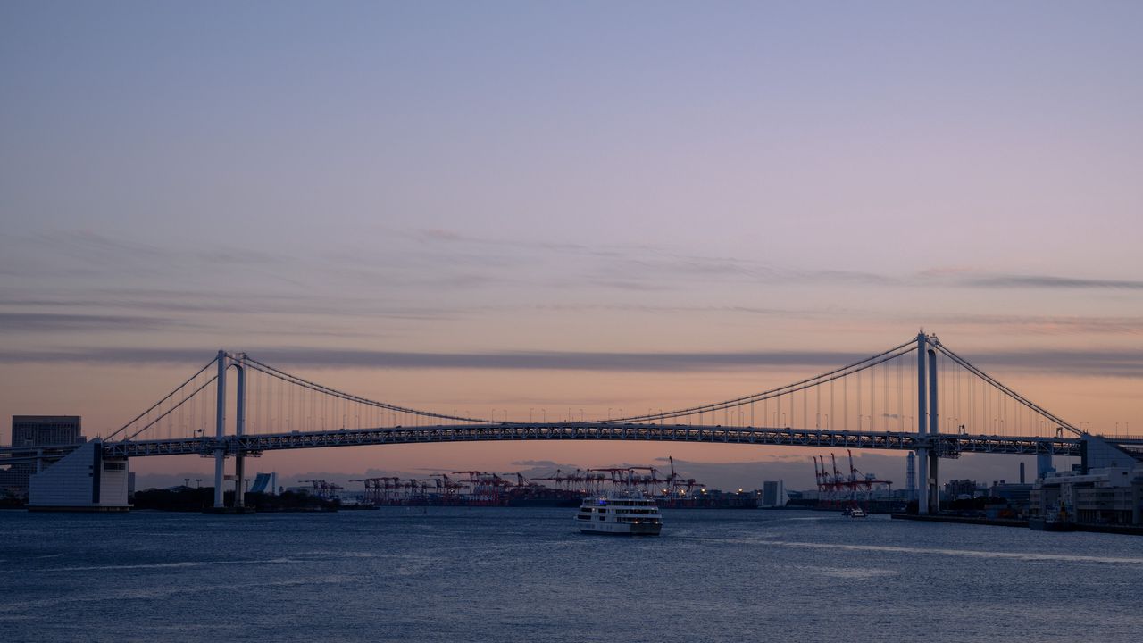 Wallpaper ship, bridge, sea, sunrise