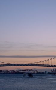 Preview wallpaper ship, bridge, sea, sunrise