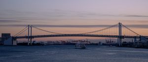 Preview wallpaper ship, bridge, sea, sunrise