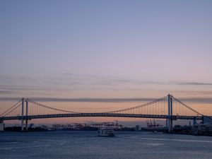 Preview wallpaper ship, bridge, sea, sunrise
