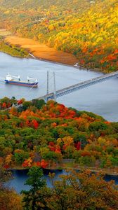 Preview wallpaper ship, bridge, trees, autumn